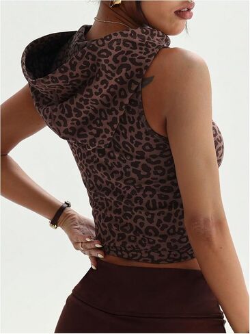 BEAUDRM Women's Leopard Workout Hooded Tank Top Y2k Cheetah Zipper Sleeveless Athletic Running Yoga Gym Cropped Shirts in Kuwait