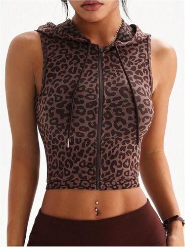 BEAUDRM Women's Leopard Workout Hooded Tank Top Y2k Cheetah Zipper Sleeveless Athletic Running Yoga Gym Cropped Shirts in Kuwait