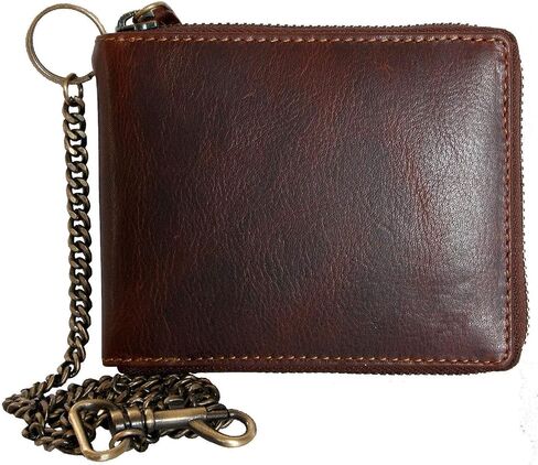 FLW Large Glazed Genuine Leather Wallet with Metal Zipper Around and Chain in Saudi Arabia