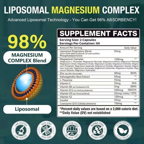 29-in-1 1400mg Liposomal Magnesium Complex for Women & Men Supplement with Glycinate Citrate Malate Oxide - 18 Types Magnesium with Vitamin D3, K2, B6, B12 & Coq10, Support Bone, Muscle, 240 Capsules in Kuwait