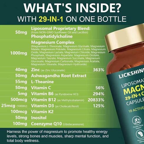 29-in-1 1400mg Liposomal Magnesium Complex for Women & Men Supplement with Glycinate Citrate Malate Oxide - 18 Types Magnesium with Vitamin D3, K2, B6, B12 & Coq10, Support Bone, Muscle, 240 Capsules in Kuwait