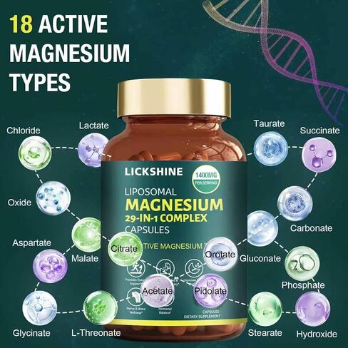 29-in-1 1400mg Liposomal Magnesium Complex for Women & Men Supplement with Glycinate Citrate Malate Oxide - 18 Types Magnesium with Vitamin D3, K2, B6, B12 & Coq10, Support Bone, Muscle, 240 Capsules in Kuwait