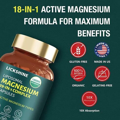 29-in-1 1400mg Liposomal Magnesium Complex for Women & Men Supplement with Glycinate Citrate Malate Oxide - 18 Types Magnesium with Vitamin D3, K2, B6, B12 & Coq10, Support Bone, Muscle, 240 Capsules in Kuwait
