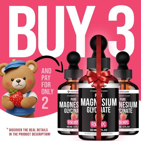 Vita Guard Pure Magnesium Glycinate for Kids – High Absorption Liquid Magnesium Drops for Sleep, Calm & Muscle Support – Sugar Free Kids Magnesium Supplement for Toddlers & Children Natural Strawberry in Saudi Arabia