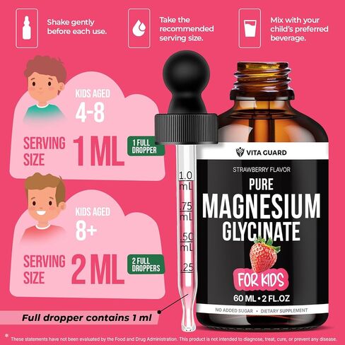 Vita Guard Pure Magnesium Glycinate for Kids – High Absorption Liquid Magnesium Drops for Sleep, Calm & Muscle Support – Sugar Free Kids Magnesium Supplement for Toddlers & Children Natural Strawberry in Saudi Arabia