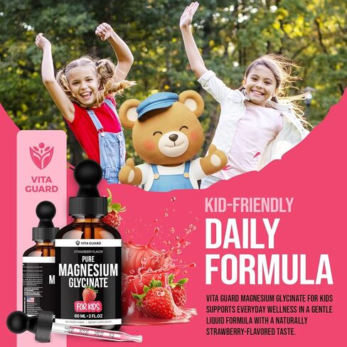 Vita Guard Pure Magnesium Glycinate for Kids – High Absorption Liquid Magnesium Drops for Sleep, Calm & Muscle Support – Sugar Free Kids Magnesium Supplement for Toddlers & Children Natural Strawberry in Saudi Arabia