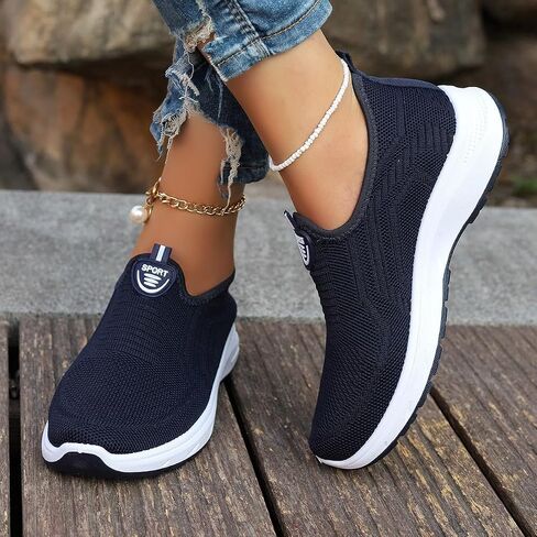 Women's Summer Breathable Mom Shoes - Plus Size Lightweight Soft Sole Slip-On Casual Shoes(Navy Blue) in Kuwait