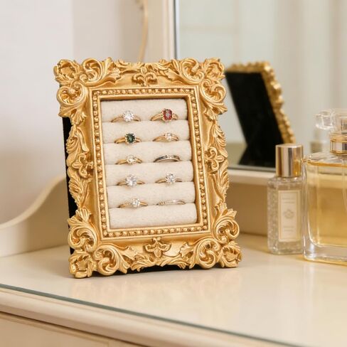 حامل إطار خاتم ذهبي عتيق للنساء، 3.94x3.54 في إطار الصورة حامل منظم خاتم الخطوبة مع وسادة مخملية، حامل عرض المجوهرات لحفل الزفاف، عرض المجوهرات in Kuwait