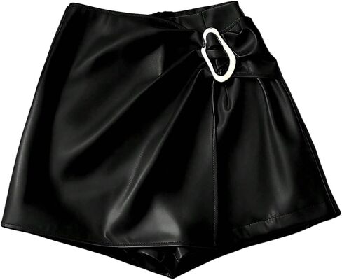 RoseSeek المرأة مشبك معدني بولي Leather السراويل الجلدية عالية الخصر Ruched ألف خط Skorts ملابس الحفلات Skorts in Saudi Arabia