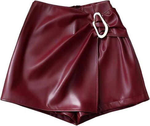 RoseSeek المرأة مشبك معدني بولي Leather السراويل الجلدية عالية الخصر Ruched ألف خط Skorts ملابس الحفلات Skorts in Saudi Arabia