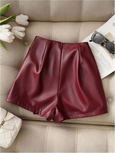 RoseSeek المرأة مشبك معدني بولي Leather السراويل الجلدية عالية الخصر Ruched ألف خط Skorts ملابس الحفلات Skorts in Saudi Arabia