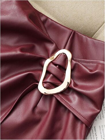 RoseSeek المرأة مشبك معدني بولي Leather السراويل الجلدية عالية الخصر Ruched ألف خط Skorts ملابس الحفلات Skorts in Saudi Arabia
