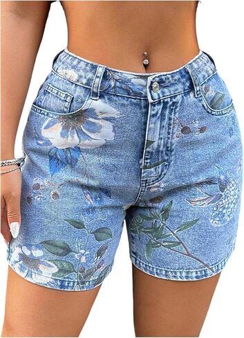 OYOANGLE Women's Floral Print Denim Shorts Zipper Fly Straight Leg Jean Shorts with Pockets in Kuwait