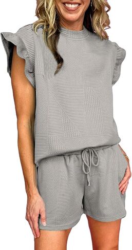 Dark Green Textured Ruffle Split Top and Drawstring Shorts in Kuwait