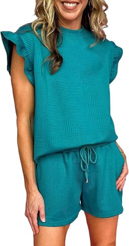 Dark Green Textured Ruffle Split Top and Drawstring Shorts in Kuwait