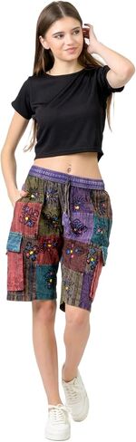 Rhea Patch Tie-Waist Shorts for Women – Boho Patchwork High Waist Drawstring Shorts, Casual Summer Beach wear in Saudi Arabia