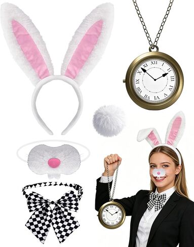 5 PCS White Rabbit Costume Set Bunny Dress Up Accessory Kit Bunny Ears Headband Clock Necklace Bowtie Tail Nose for Easter Halloween Dress Up in Saudi Arabia