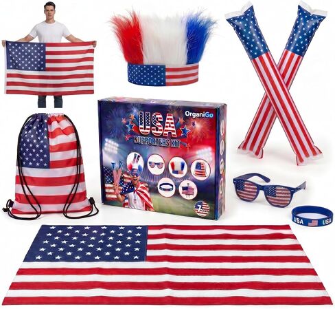 USA Fan Accessories Kit – 7 Piece Patriotic Fan Gear for World Cup 2026, Soccer Game Day, 4th of July & Independence Day, American Flag, Inflatable Thunder Sticks, Faux Hair Headband, Sunglasses, Bracelet & Drawstring Bag in Saudi Arabia