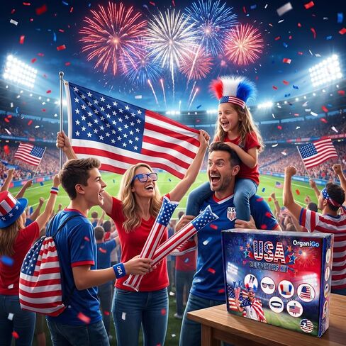 USA Fan Accessories Kit – 7 Piece Patriotic Fan Gear for World Cup 2026, Soccer Game Day, 4th of July & Independence Day, American Flag, Inflatable Thunder Sticks, Faux Hair Headband, Sunglasses, Bracelet & Drawstring Bag in Saudi Arabia