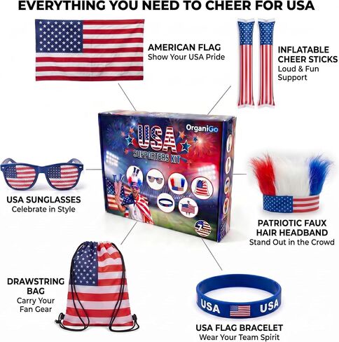 USA Fan Accessories Kit – 7 Piece Patriotic Fan Gear for World Cup 2026, Soccer Game Day, 4th of July & Independence Day, American Flag, Inflatable Thunder Sticks, Faux Hair Headband, Sunglasses, Bracelet & Drawstring Bag in Saudi Arabia
