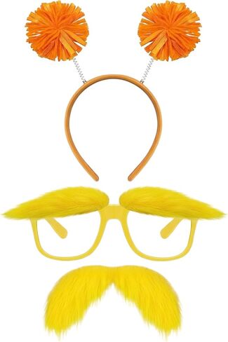 2 Pcs Orange Furry Headband with Yellow Mustache and Eyebrows Glasses Set- Costume for Halloween Party in Saudi Arabia