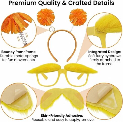 2 Pcs Orange Furry Headband with Yellow Mustache and Eyebrows Glasses Set- Costume for Halloween Party in Saudi Arabia