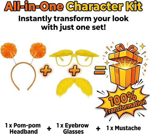2 Pcs Orange Furry Headband with Yellow Mustache and Eyebrows Glasses Set- Costume for Halloween Party in Saudi Arabia