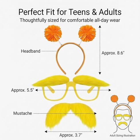 2 Pcs Orange Furry Headband with Yellow Mustache and Eyebrows Glasses Set- Costume for Halloween Party in Saudi Arabia
