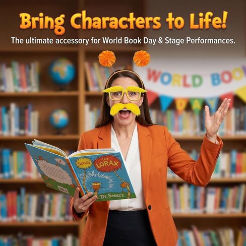 2 Pcs Orange Furry Headband with Yellow Mustache and Eyebrows Glasses Set- Costume for Halloween Party in Saudi Arabia