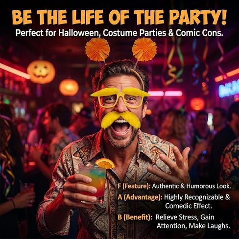 2 Pcs Orange Furry Headband with Yellow Mustache and Eyebrows Glasses Set- Costume for Halloween Party in Saudi Arabia
