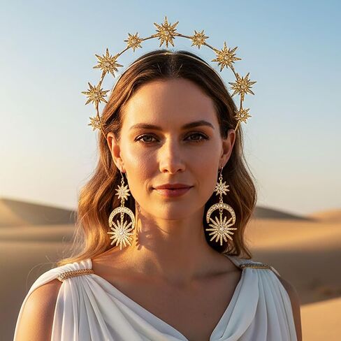 مجموعة Sixexey Halo Crown Set Golden Goddess Halo Tiara Mary خوذة الزفاف الزفاف عقال الأقراط السماوية تأثيري حلي الملحقات للنساء in Kuwait