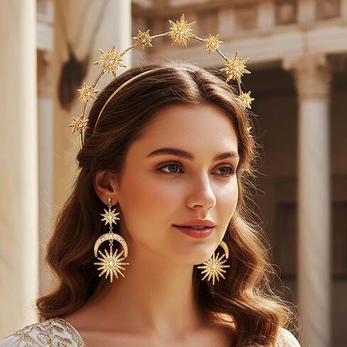مجموعة Sixexey Halo Crown Set Golden Goddess Halo Tiara Mary خوذة الزفاف الزفاف عقال الأقراط السماوية تأثيري حلي الملحقات للنساء in Kuwait