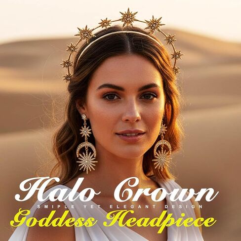 مجموعة Sixexey Halo Crown Set Golden Goddess Halo Tiara Mary خوذة الزفاف الزفاف عقال الأقراط السماوية تأثيري حلي الملحقات للنساء in Kuwait