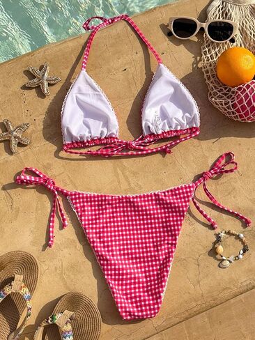 Women's Triangle String Bikini Sets Two Piece Halter Swimsuits Tie Lace Trim Cheeky Bathing Suits Swimwear in Saudi Arabia