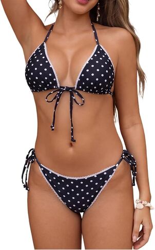 Women's Triangle String Bikini Sets Two Piece Halter Swimsuits Tie Lace Trim Cheeky Bathing Suits Swimwear in Saudi Arabia