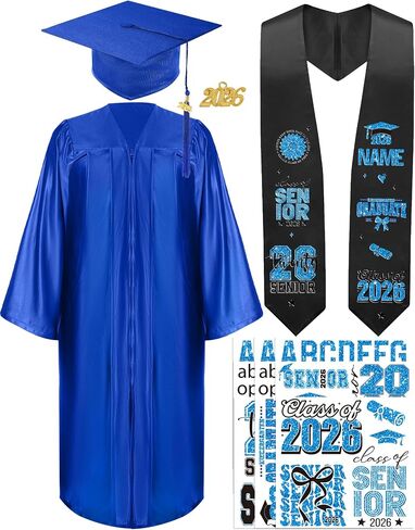 CRASHOT Graduation Cap and Gown 2026, Unisex Shiny Uniforms, Includes Stole, Tassel Charm & 9 PCS Heat Transfer Decals for College High School Graduate(Blue 51) in Kuwait