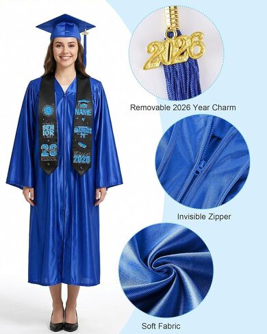 CRASHOT Graduation Cap and Gown 2026, Unisex Shiny Uniforms, Includes Stole, Tassel Charm & 9 PCS Heat Transfer Decals for College High School Graduate(Blue 51) in Kuwait