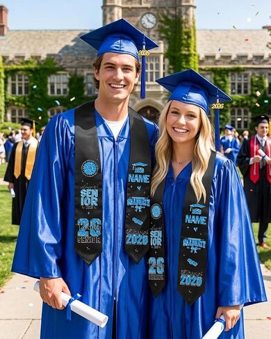 CRASHOT Graduation Cap and Gown 2026, Unisex Shiny Uniforms, Includes Stole, Tassel Charm & 9 PCS Heat Transfer Decals for College High School Graduate(Blue 51) in Kuwait