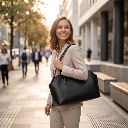 Black Large Capacity Tote Bag for Women Faux Leather Material Simple Fashion Shoulder Bag for Daily Commuting Travel in Kuwait