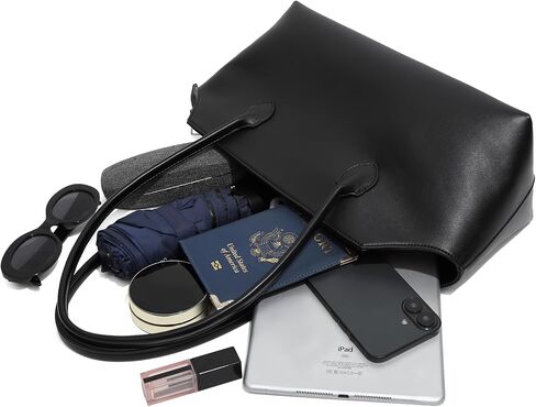 Black Large Capacity Tote Bag for Women Faux Leather Material Simple Fashion Shoulder Bag for Daily Commuting Travel in Kuwait