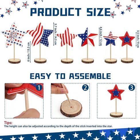 6Pcs 4th of July Table Decorations Set - Double Sided Star Patriotic Decorations, Memorial Day Red White and Blue Table Decorations for Indoor Outdoor Home Office Shelf Tiered Tray in Saudi Arabia