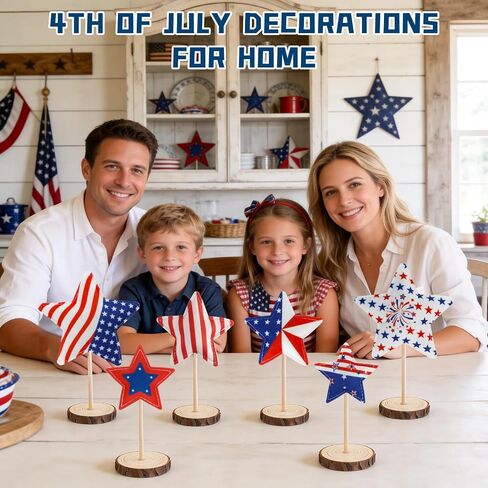 6Pcs 4th of July Table Decorations Set - Double Sided Star Patriotic Decorations, Memorial Day Red White and Blue Table Decorations for Indoor Outdoor Home Office Shelf Tiered Tray in Saudi Arabia
