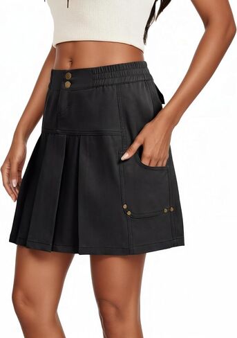 تنورة قصيرة بطيات من Ladyful Cargo للنساء بخصر عالي المرونة وتنورة قصيرة على شكل حرف A مع جيوب بسحاب للاستخدام اليومي غير الرسمي in Kuwait