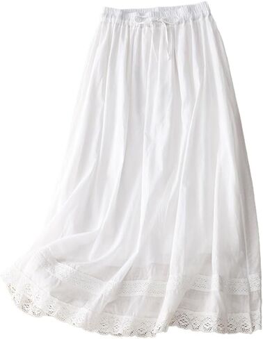 Women's Cotton Linen Skirts A-line High Elastic Waist Vintage Embroidery Midi Skirt with Pockets in Saudi Arabia