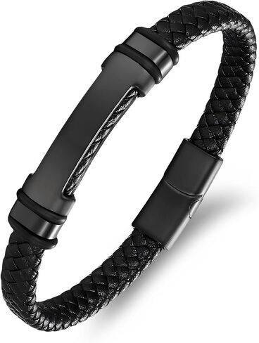 Men's Braided Leather Bracelet, 8.3inch Black Braided Leather Stainless Steel Bracelets, Tiger Eye Natural Stone Lava Rock Beads Bracelets Gift for Men in Saudi Arabia