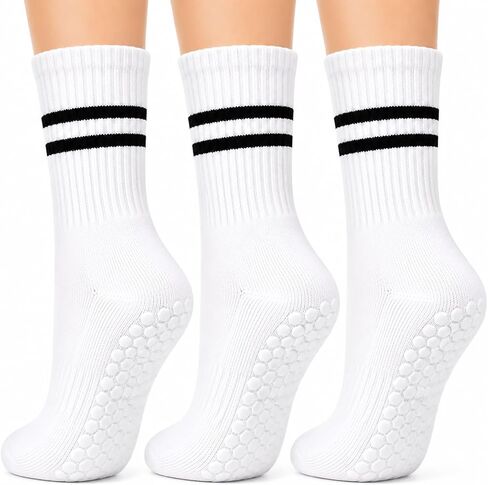 Non Slip Yoga Socks Retro Striped Grip Socks for Pilates Barre | Trendy double stripes meet high-performance grip. Premium combed cotton blend keeps feet dry during intense workouts. in Saudi Arabia