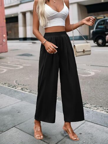 Womens Casual Wide Leg Pants Elastic High Waist Stretch Palazzo Trousers with Pockets in Kuwait