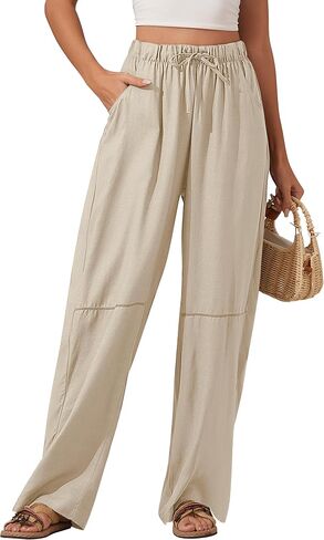 Women's Wide Leg Linen Pants High Waisted Flowy Palazzo Trousers Casual Summer Beach Long Slacks with Pockets in Saudi Arabia