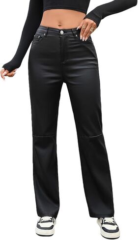 LY VAREY LIN Women Faux Leather High Waist Straight Leg Pants with Pockets Bell Bottom Flare Pants in Saudi Arabia