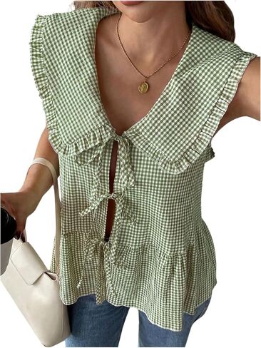 GORGLITTER Women's Gingham Babydoll Top Flowy Bow Tie Front Ruffle Sleeveless Cute Plaid Peplum Going Out Shirts in Kuwait